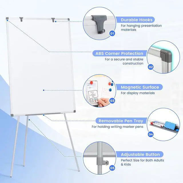 Alt view image 3 of 7 - White Board with Stand 40"x28", Whiteboard Easel, Adjustable Height | Floor Standing, Magnetic, Dry Erase, Smooth Writing, 4'x2' Whiteboard with Stand, Teachers & Students, School, Home, Office