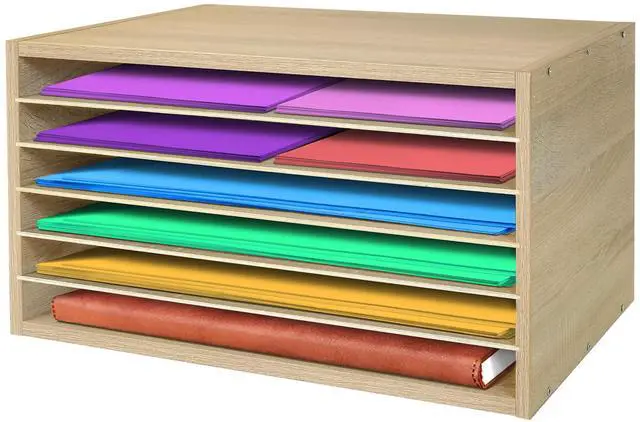 Main image of Construction Paper Organizer 20" x 13.5" x12.2",Soild Wooden Paper Organizer with 6-Tier Letter Trays, Desktop File Papers Sorter for Home, Classroom and Office (White Oak)