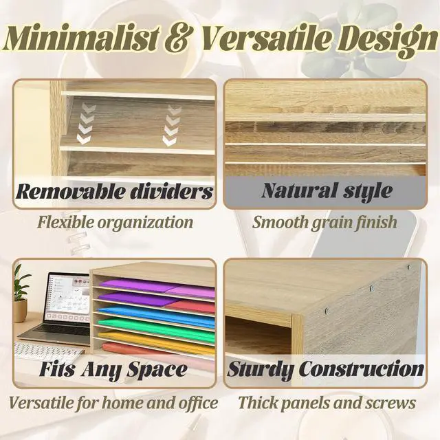 Alt view image 3 of 6 - Construction Paper Organizer 20" x 13.5" x12.2",Soild Wooden Paper Organizer with 6-Tier Letter Trays, Desktop File Papers Sorter for Home, Classroom and Office (White Oak)