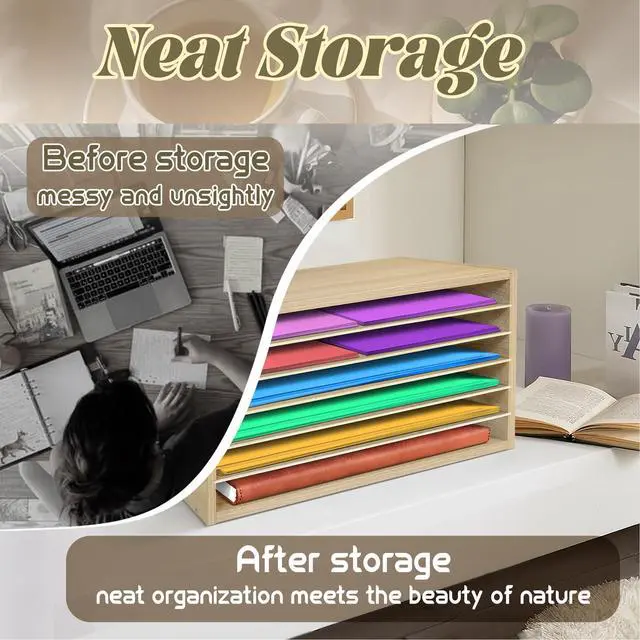 Alt view image 4 of 6 - Construction Paper Organizer 20" x 13.5" x12.2",Soild Wooden Paper Organizer with 6-Tier Letter Trays, Desktop File Papers Sorter for Home, Classroom and Office (White Oak)