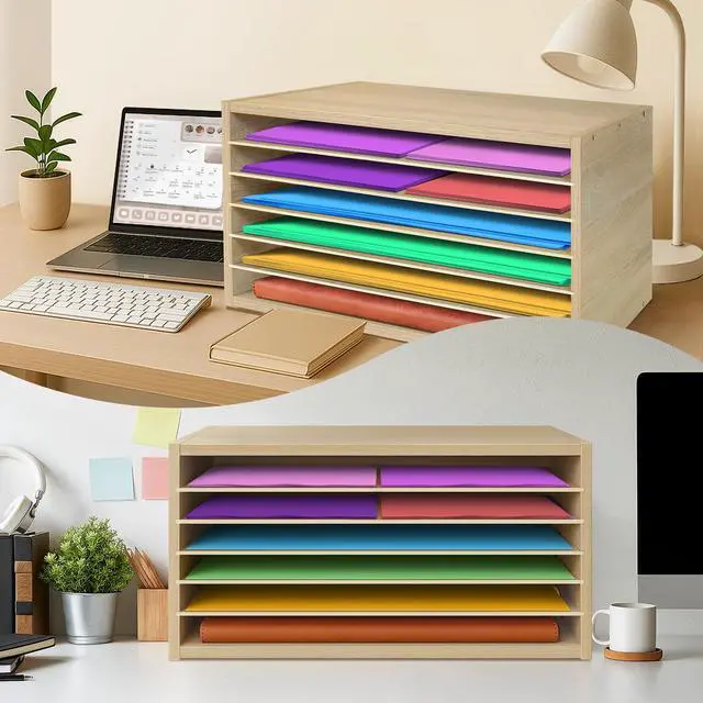 Alt view image 5 of 6 - Construction Paper Organizer 20" x 13.5" x12.2",Soild Wooden Paper Organizer with 6-Tier Letter Trays, Desktop File Papers Sorter for Home, Classroom and Office (White Oak)