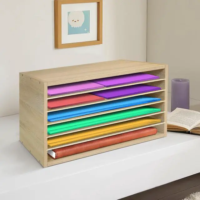 Alt view image 6 of 6 - Construction Paper Organizer 20" x 13.5" x12.2",Soild Wooden Paper Organizer with 6-Tier Letter Trays, Desktop File Papers Sorter for Home, Classroom and Office (White Oak)