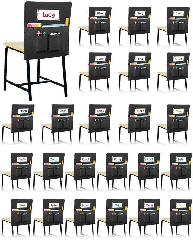 Main image of 24 PCS Chair Pockets for Classroom,20"x17" Large Chair Pockets,Student Chair Pockets k-2, seat Sacks for Classroom Chairs with Name Tag 24,for Classroom School Home Kindergarten Black