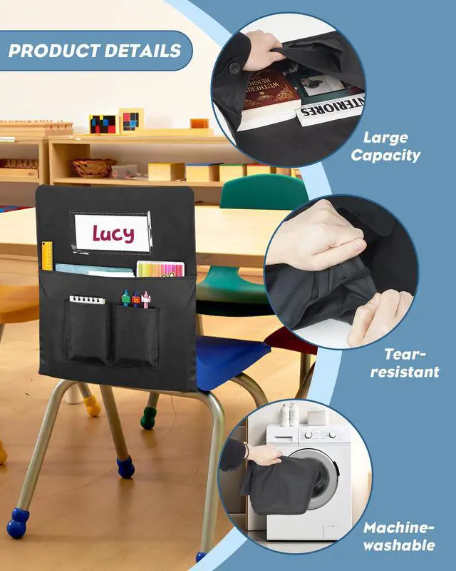 Alt view image 2 of 7 - 24 PCS Chair Pockets for Classroom,20"x17" Large Chair Pockets,Student Chair Pockets k-2, seat Sacks for Classroom Chairs with Name Tag 24,for Classroom School Home Kindergarten Black
