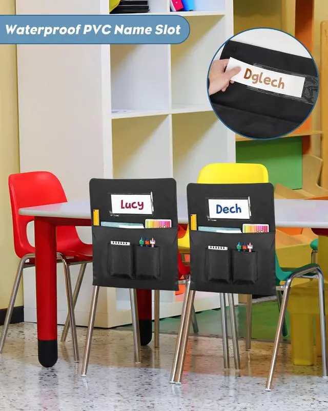 Alt view image 3 of 7 - 24 PCS Chair Pockets for Classroom,20"x17" Large Chair Pockets,Student Chair Pockets k-2, seat Sacks for Classroom Chairs with Name Tag 24,for Classroom School Home Kindergarten Black