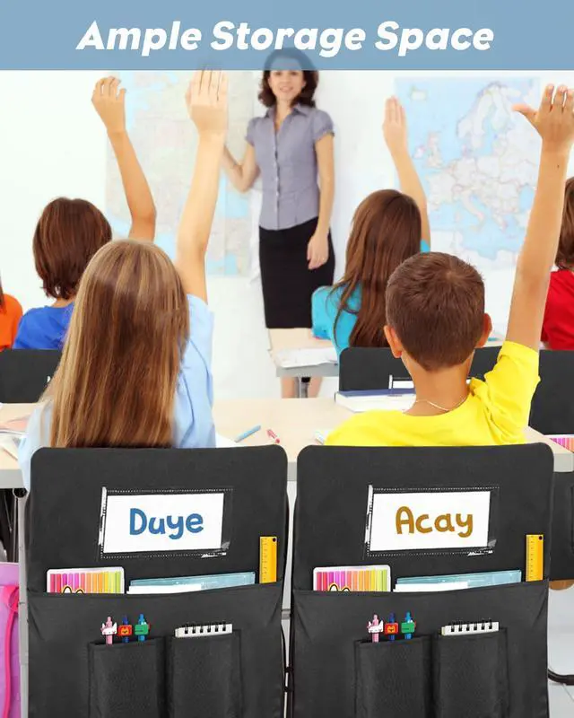 Alt view image 5 of 7 - 24 PCS Chair Pockets for Classroom,20"x17" Large Chair Pockets,Student Chair Pockets k-2, seat Sacks for Classroom Chairs with Name Tag 24,for Classroom School Home Kindergarten Black