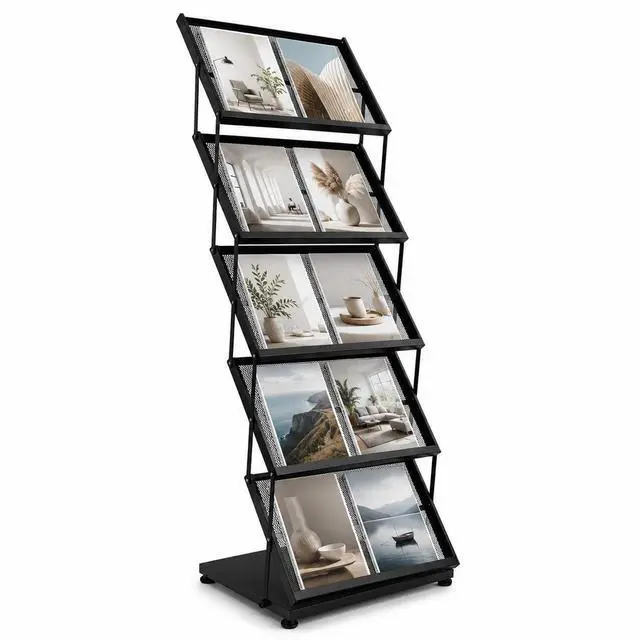 Main image of Foldable Magazine Display Rack Floor Standing 5 Pockets Brochure Stand Catalog Literature Holder with Wheels, Metal Newspaper Catalog Holders for Office Store Exhibition and Events