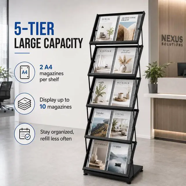 Alt view image 2 of 7 - Foldable Magazine Display Rack Floor Standing 5 Pockets Brochure Stand Catalog Literature Holder with Wheels, Metal Newspaper Catalog Holders for Office Store Exhibition and Events