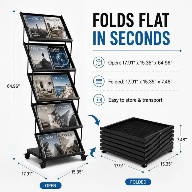 Alt view image 3 of 7 - Foldable Magazine Display Rack Floor Standing 5 Pockets Brochure Stand Catalog Literature Holder with Wheels, Metal Newspaper Catalog Holders for Office Store Exhibition and Events
