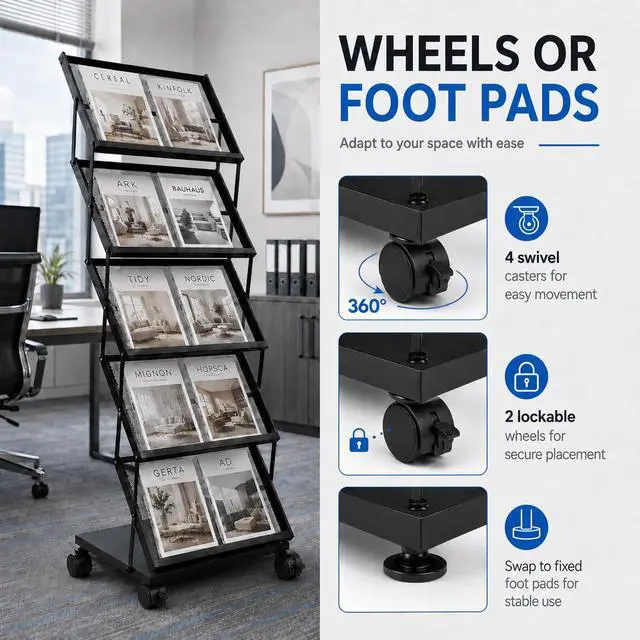 Alt view image 4 of 7 - Foldable Magazine Display Rack Floor Standing 5 Pockets Brochure Stand Catalog Literature Holder with Wheels, Metal Newspaper Catalog Holders for Office Store Exhibition and Events