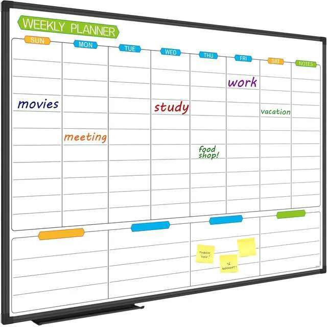 Main image of Weekly Dry Erase Board - Magnetic Calendar White Board Planner 36 X 24 Inch, Black Aluminum Frame Wall Mounted Board for Office Home and School