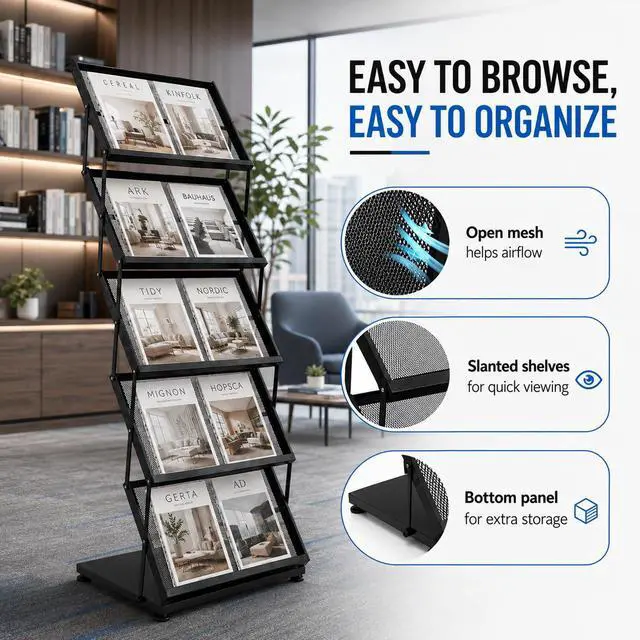 Alt view image 5 of 7 - Foldable Magazine Display Rack Floor Standing 5 Pockets Brochure Stand Catalog Literature Holder with Wheels, Metal Newspaper Catalog Holders for Office Store Exhibition and Events