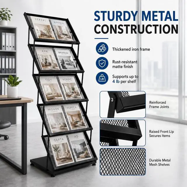 Alt view image 6 of 7 - Foldable Magazine Display Rack Floor Standing 5 Pockets Brochure Stand Catalog Literature Holder with Wheels, Metal Newspaper Catalog Holders for Office Store Exhibition and Events