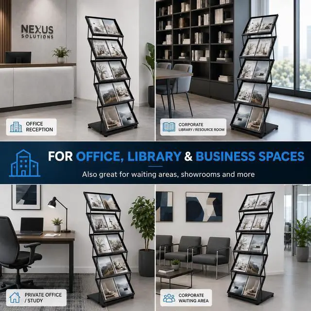 Alt view image 7 of 7 - Foldable Magazine Display Rack Floor Standing 5 Pockets Brochure Stand Catalog Literature Holder with Wheels, Metal Newspaper Catalog Holders for Office Store Exhibition and Events