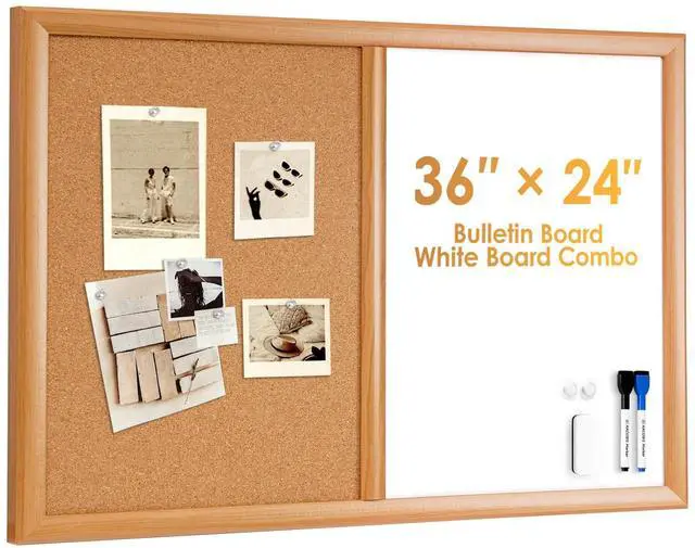 Main image of Cork Board White Board Combo with MDF Wood Frame, 36 x 24 Inch Bulletin Board, Magnetic Dry Erase Board & Corkboard for Wall, Vision Board for Home, Office, School