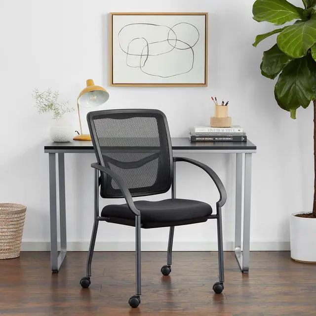 Alt view image 2 of 7 - Office Star ProGrid Deluxe Stackable Visitor's Chair with Breathable Back and Padded Lumbar Support Seat, with Rolling Casters, Coal FreeFlex