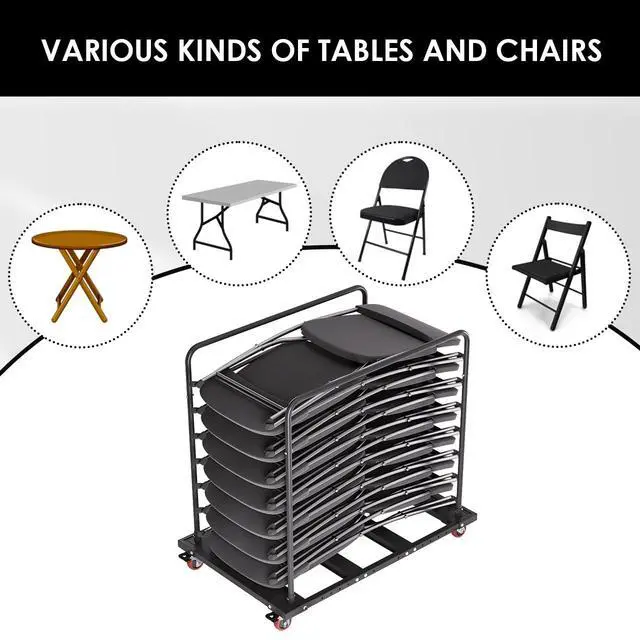 Alt view image 5 of 7 - Heavy Duty Folding Table Cart, 10-Tables Capacity Black Rolling Table Cart for 60 Round & Oblong Tables, Metal Frame Locking Casters, Ideal for Commercial Event Hotel Party Furniture