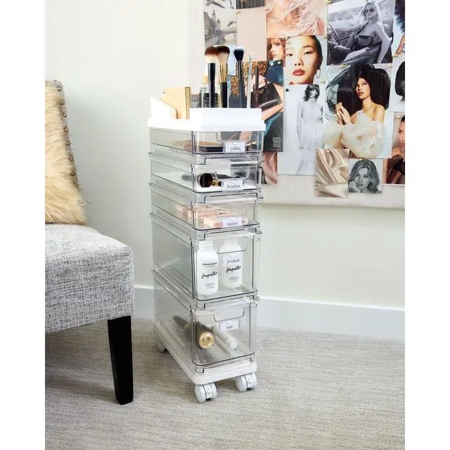 Alt view image 2 of 7 - The Sarah Tanno Collection 5-Drawer Stacking Cosmetic Organizer Cart, Clear