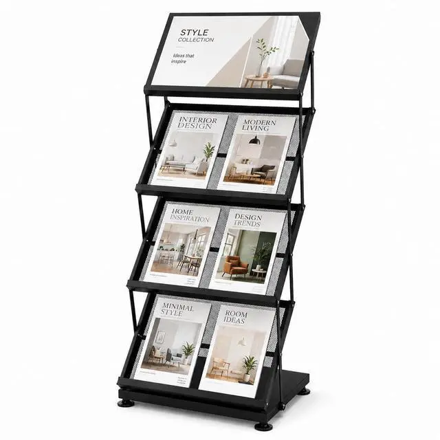 Main image of Foldable Magazine Display Racks, 4 Pockets Brochure Display Rack with Wheels, Brochure Catalog Display Stand for Living Room, Hotel, Trade Show, Exhibition, Office
