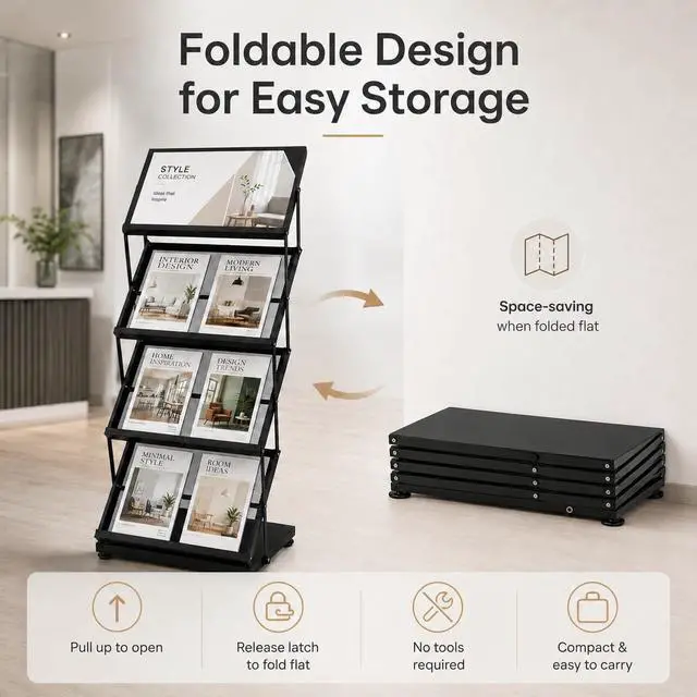 Alt view image 2 of 7 - Foldable Magazine Display Racks, 4 Pockets Brochure Display Rack with Wheels, Brochure Catalog Display Stand for Living Room, Hotel, Trade Show, Exhibition, Office