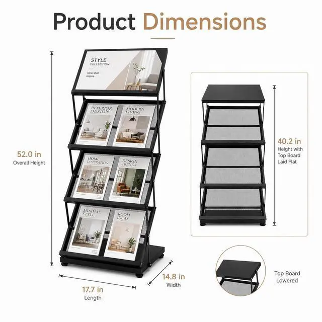 Alt view image 3 of 7 - Foldable Magazine Display Racks, 4 Pockets Brochure Display Rack with Wheels, Brochure Catalog Display Stand for Living Room, Hotel, Trade Show, Exhibition, Office
