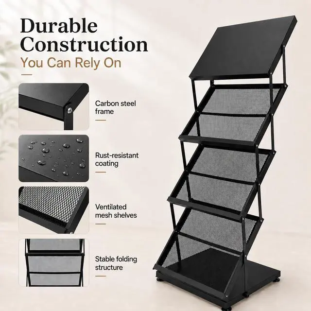Alt view image 6 of 7 - Foldable Magazine Display Racks, 4 Pockets Brochure Display Rack with Wheels, Brochure Catalog Display Stand for Living Room, Hotel, Trade Show, Exhibition, Office