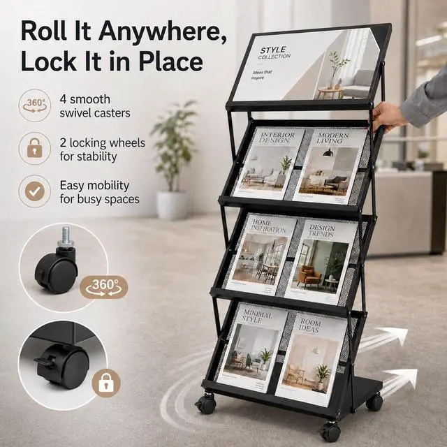 Alt view image 4 of 7 - Foldable Magazine Display Racks, 4 Pockets Brochure Display Rack with Wheels, Brochure Catalog Display Stand for Living Room, Hotel, Trade Show, Exhibition, Office