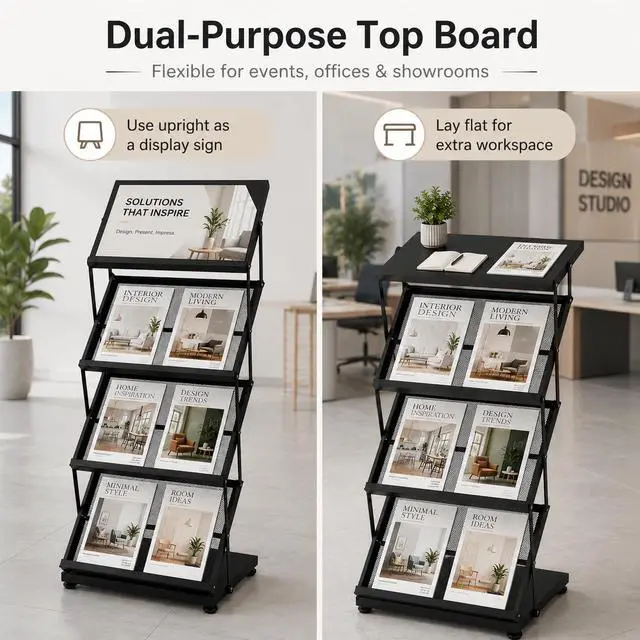 Alt view image 5 of 7 - Foldable Magazine Display Racks, 4 Pockets Brochure Display Rack with Wheels, Brochure Catalog Display Stand for Living Room, Hotel, Trade Show, Exhibition, Office