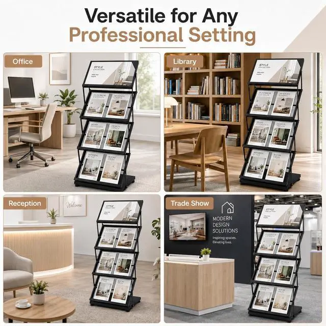 Alt view image 7 of 7 - Foldable Magazine Display Racks, 4 Pockets Brochure Display Rack with Wheels, Brochure Catalog Display Stand for Living Room, Hotel, Trade Show, Exhibition, Office