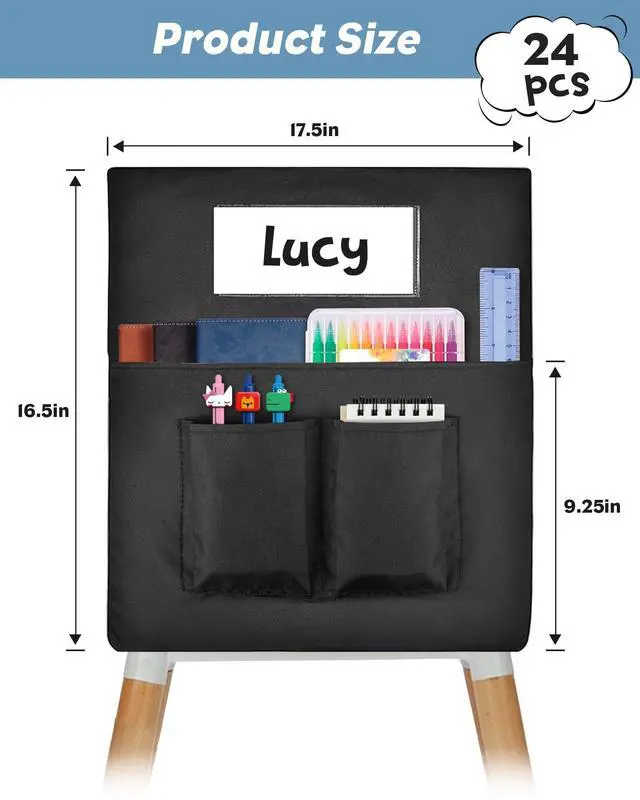 Alt view image 7 of 7 - 24 PCS Chair Pockets for Classroom,20"x17" Large Chair Pockets,Student Chair Pockets k-2, seat Sacks for Classroom Chairs with Name Tag 24,for Classroom School Home Kindergarten Black