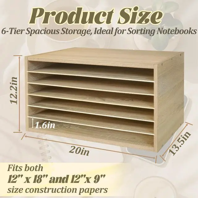 Alt view image 2 of 6 - Construction Paper Organizer 20" x 13.5" x12.2",Soild Wooden Paper Organizer with 6-Tier Letter Trays, Desktop File Papers Sorter for Home, Classroom and Office (White Oak)
