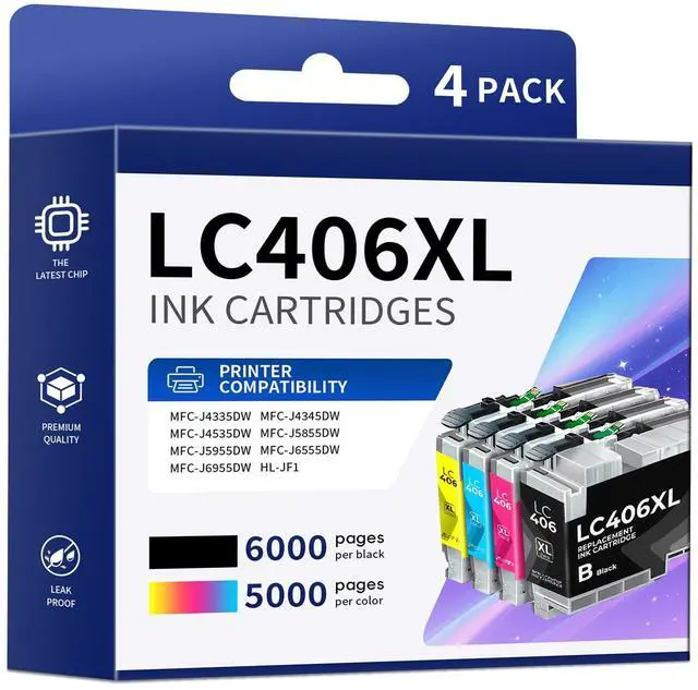 Main image of LC406XL LC406 Ink Cartridges Compatible For Brother Printer Latest Upgrade Work For Brother Printer Mfc-J4335dw Mfc-J5855dw Mfc-J6555dw Mfc-J4535dw Mfc-J6955dw (4 Pack Black Cyan Magenta Yellow)