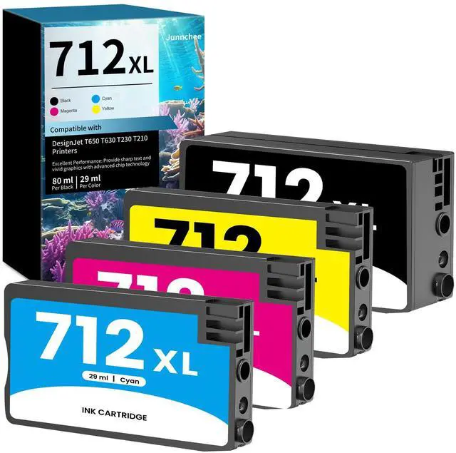 Main image of 712 712XL T210 Designjet Ink Cartridges Replacement for HP 712 XL 712XL Ink Cartridges Combo Pack for DesignJet T230 T650 T630 Studio Plotter Printer Ink High-Yield (4-Pack, Black Cyan Yellow Magenta)