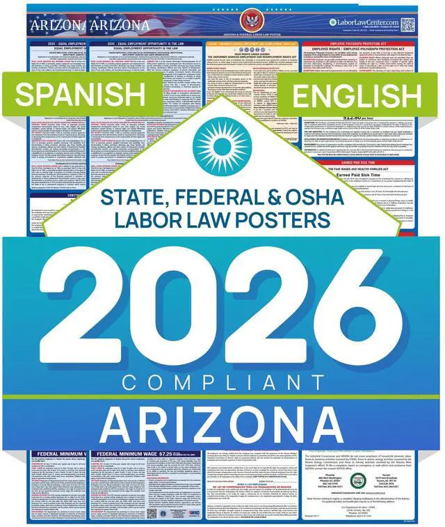 Main image of Labor Law Posters Arizona 2026, English, Spanish, State Federal Notices | Arizona State Federal Workplace Notices With OSHA, EEOC, FMLA, Minimum Wage, HR Office, Worksite, Employee Posting Details