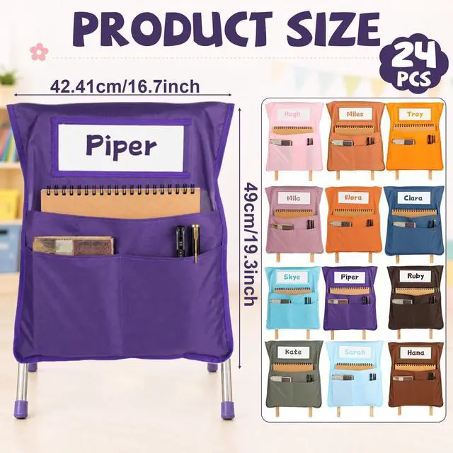 Alt view image 2 of 7 - 24pcs for Classroom 16.3x19.7inch Classroom Chair Pockets with Name Tag 3 Pockets Chair Organizer for Teacher Student School Office(Groovy)