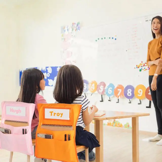 Alt view image 6 of 7 - 24pcs for Classroom 16.3x19.7inch Classroom Chair Pockets with Name Tag 3 Pockets Chair Organizer for Teacher Student School Office(Groovy)