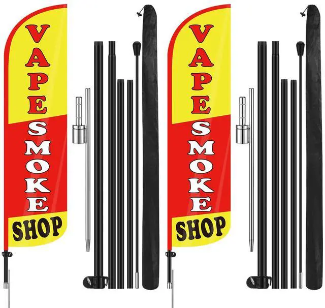 Main image of 2 Pack 15 Feet Smoke Shop Flags Feather Signs Smoke Shop Swooped Banners with Flag Pole Kit for Outside Outdoor Business Advertising Decoration