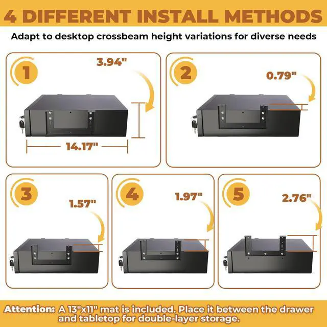 Alt view image 5 of 7 - 14 in Deep Under Desk Drawer Lockable, Pull Out Storage Organizer | Carbon Steel Under Table Drawer with Lock & Key, Adjustable Height Under Desk Drawer Slide Out Smooth Slide Rails,Hold 33 lbs