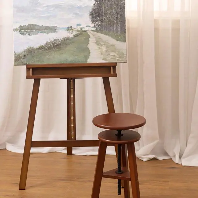 Alt view image 2 of 7 - 19" to 26" High Beechwood Drafting Stool, Deep Walnut | Wooden Artist Stool with Adjustable Height, Wood Stool Chair for Painting, Perfect for Artist Studio, Office and Home Use