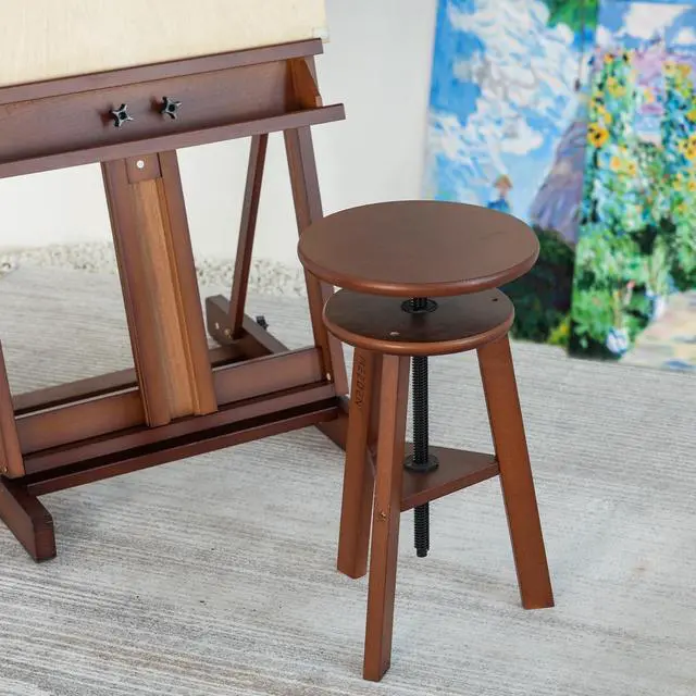 Alt view image 7 of 7 - 19" to 26" High Beechwood Drafting Stool, Deep Walnut | Wooden Artist Stool with Adjustable Height, Wood Stool Chair for Painting, Perfect for Artist Studio, Office and Home Use