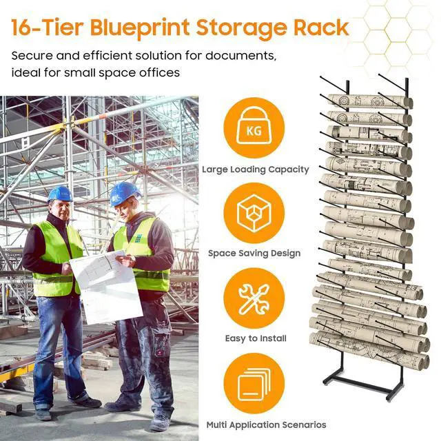 Alt view image 2 of 7 - Blueprint Storage Rack,16-Tier Metal Poster Display Rack Wall Mount Blueprint Holder for Office Construction Engineering Vertical Poster Storage for Roll of Drawing Art Paper