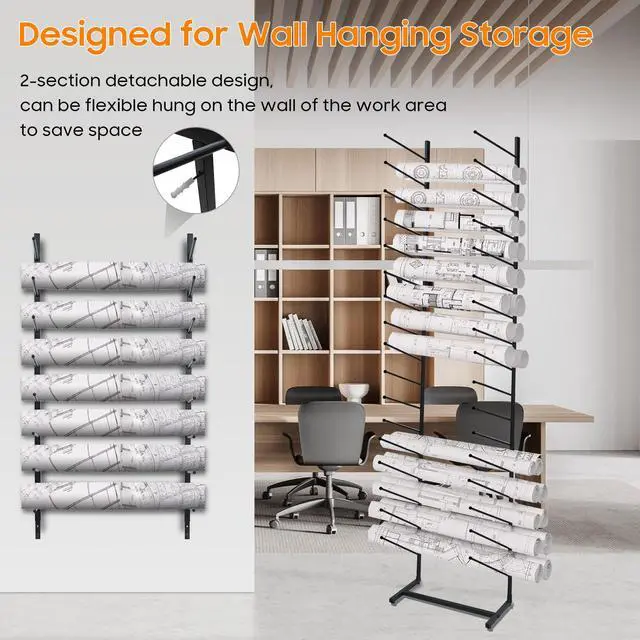 Alt view image 3 of 7 - Blueprint Storage Rack,16-Tier Metal Poster Display Rack Wall Mount Blueprint Holder for Office Construction Engineering Vertical Poster Storage for Roll of Drawing Art Paper