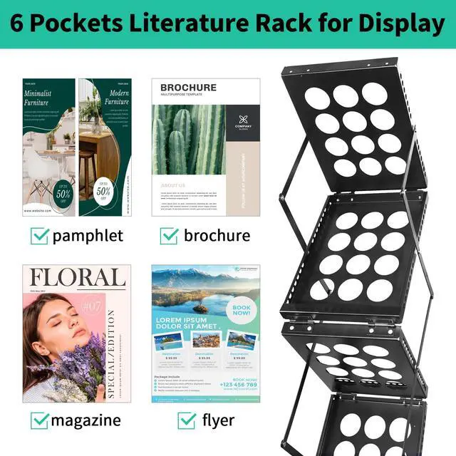 Alt view image 2 of 7 - Folding Literature Rack, 6 Pockets Metal Brochure Holder Stand Floor Standing Magazine RackDouble-sided Display Flyer Holder Stand Literature Stand for Trade Show Office Store Home
