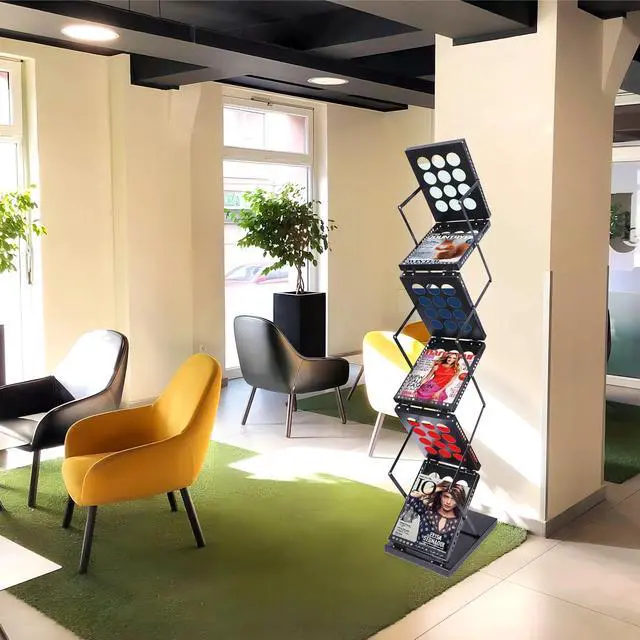 Alt view image 7 of 7 - Folding Literature Rack, 6 Pockets Metal Brochure Holder Stand Floor Standing Magazine RackDouble-sided Display Flyer Holder Stand Literature Stand for Trade Show Office Store Home