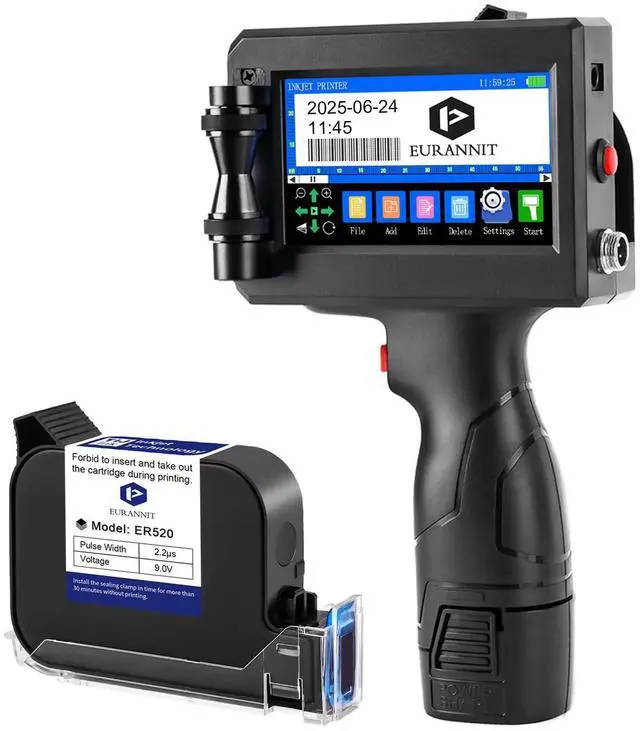 Main image of E15 Handheld Inkjet Printer Gun with ER520 Fast-Drying Ink Cartridge (42ml) - 0.5" Height Adjustable for Text, Barcode, QR Code, Date on Cardboard, Metal & Plastic Surfaces