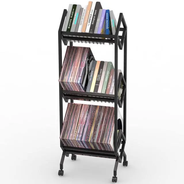 Main image of Mobile Vinyl Record Storage Rack, LP Storage Shelf, Record Holder for Albums, Magazine Display, Book and Files Organizer, 3 Tier Vinyl Record Stand with Matte Black Metal