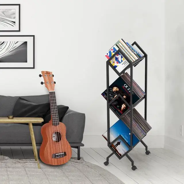 Alt view image 2 of 7 - Mobile Vinyl Record Storage Rack, LP Storage Shelf, Record Holder for Albums, Magazine Display, Book and Files Organizer, 3 Tier Vinyl Record Stand with Matte Black Metal