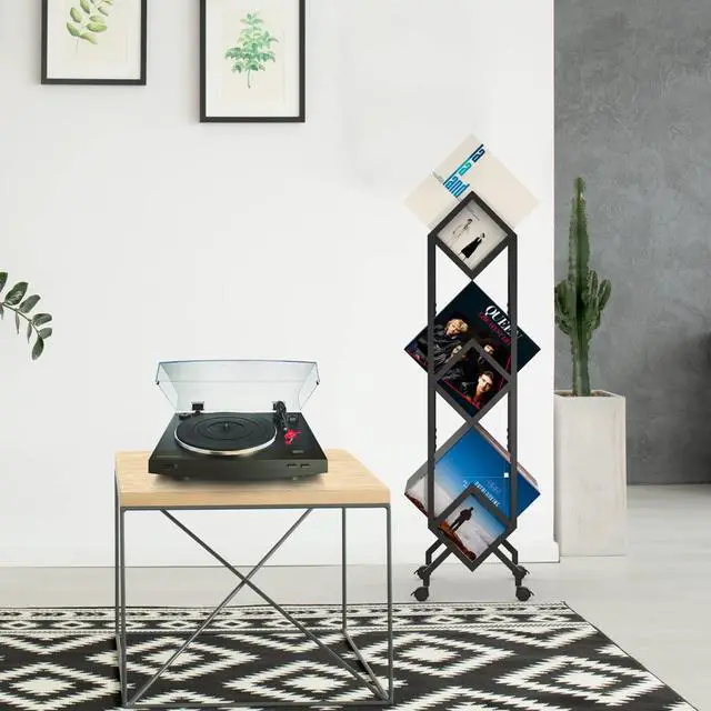 Alt view image 3 of 7 - Mobile Vinyl Record Storage Rack, LP Storage Shelf, Record Holder for Albums, Magazine Display, Book and Files Organizer, 3 Tier Vinyl Record Stand with Matte Black Metal