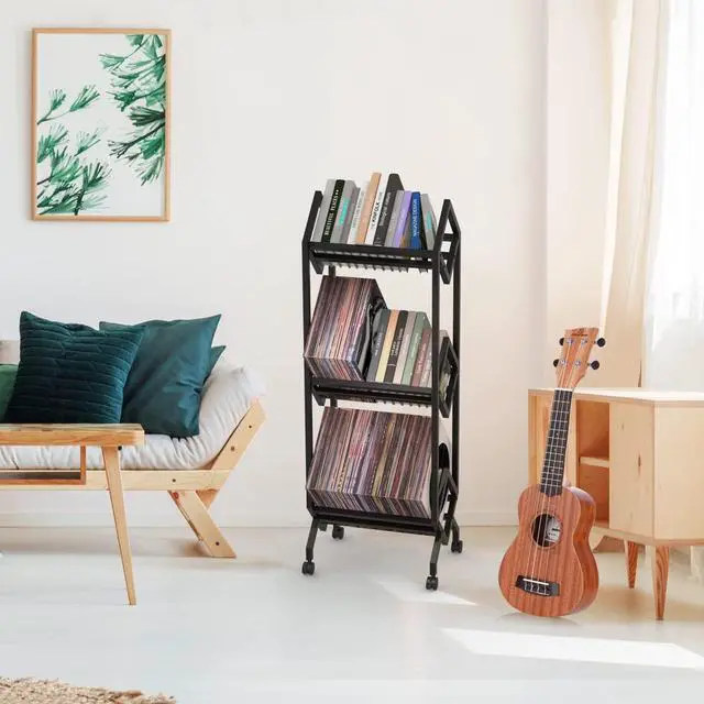 Alt view image 4 of 7 - Mobile Vinyl Record Storage Rack, LP Storage Shelf, Record Holder for Albums, Magazine Display, Book and Files Organizer, 3 Tier Vinyl Record Stand with Matte Black Metal