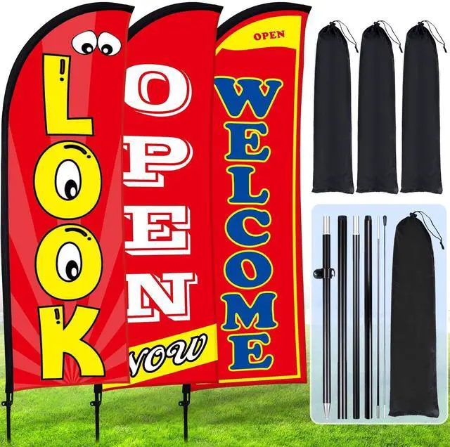 Main image of 3 Sets Now Open Look Welcome Feather Flag Banners Advertising Sign for Business 7 Feet Tall Open Swooper Flag Sign with Fiberglass Pole Kit Rotating Ground Spike and Portable Bag